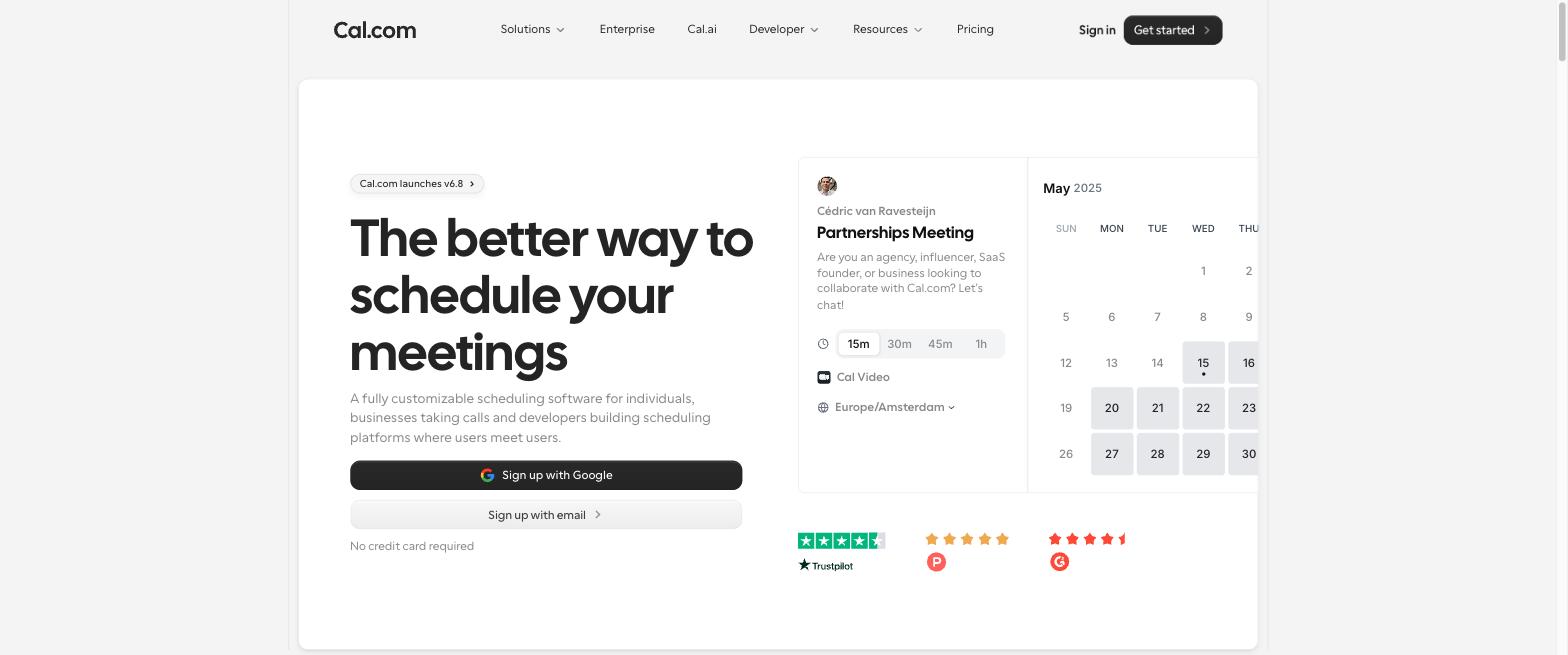The Cal.com homepage showing an individual booking page and calendar