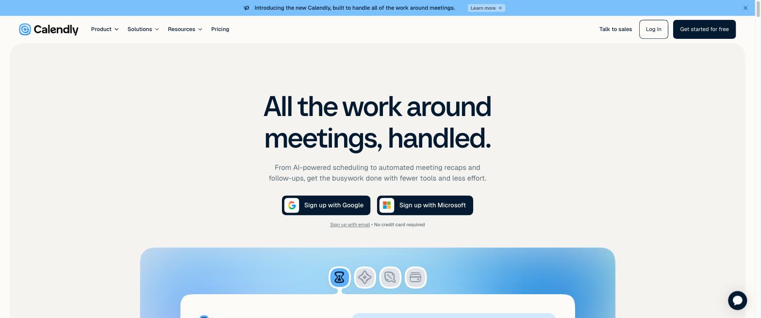 The Calendly homepage showing its scheduling product
