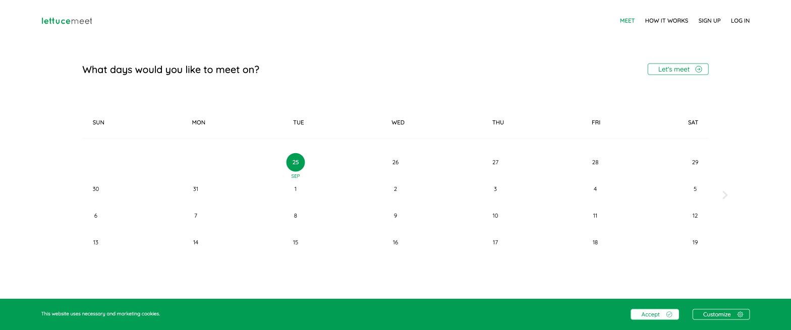 The LettuceMeet homepage with a clean date picker and green branding