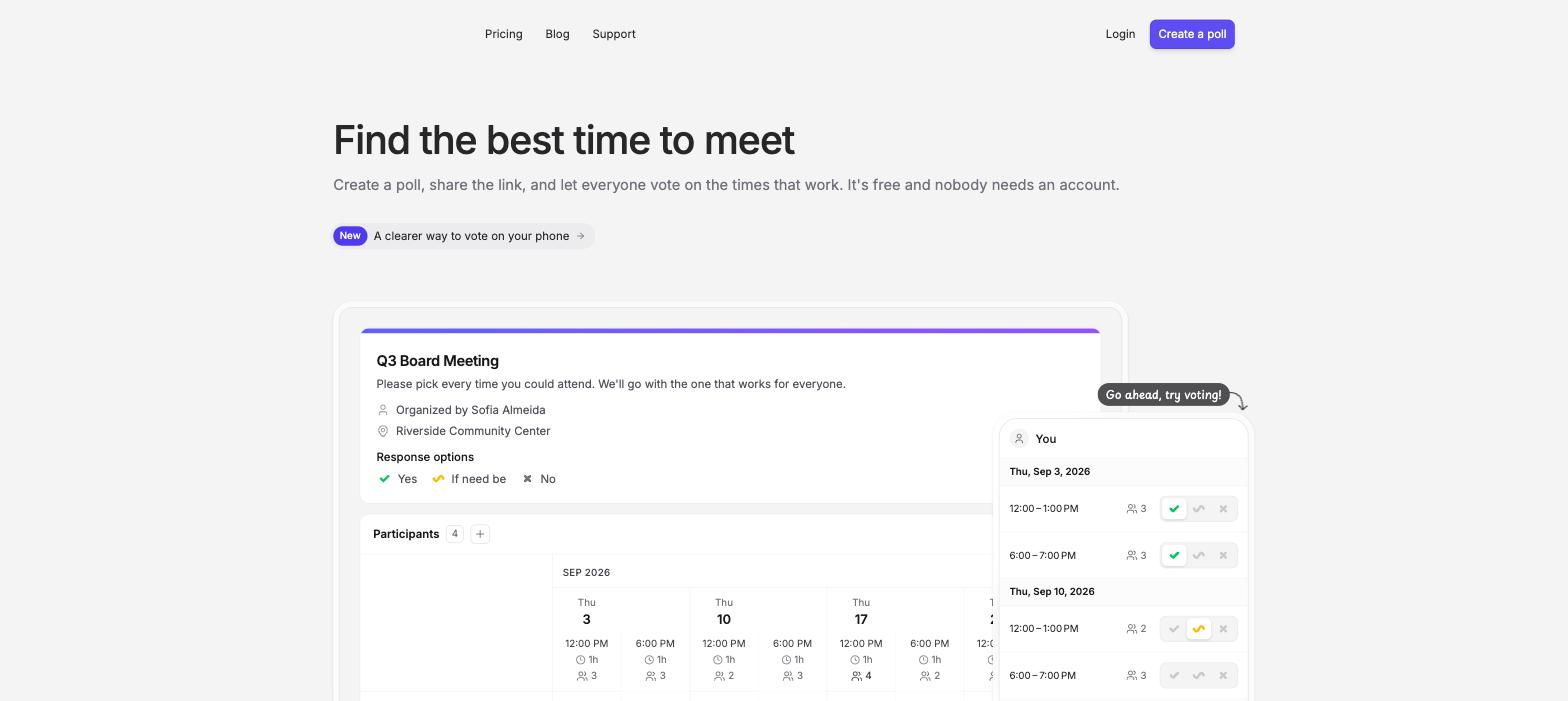 The Rallly homepage showing its propose-and-vote poll interface